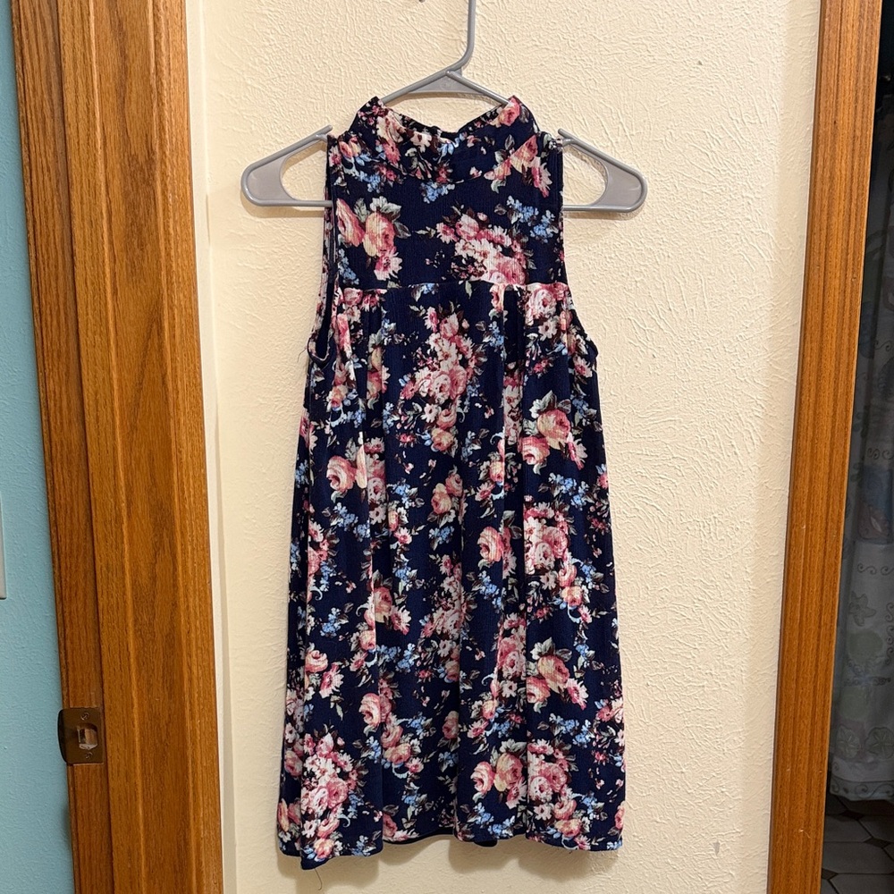 Floral Sleeveless Women's Dress - Navy and Pink High Neck
